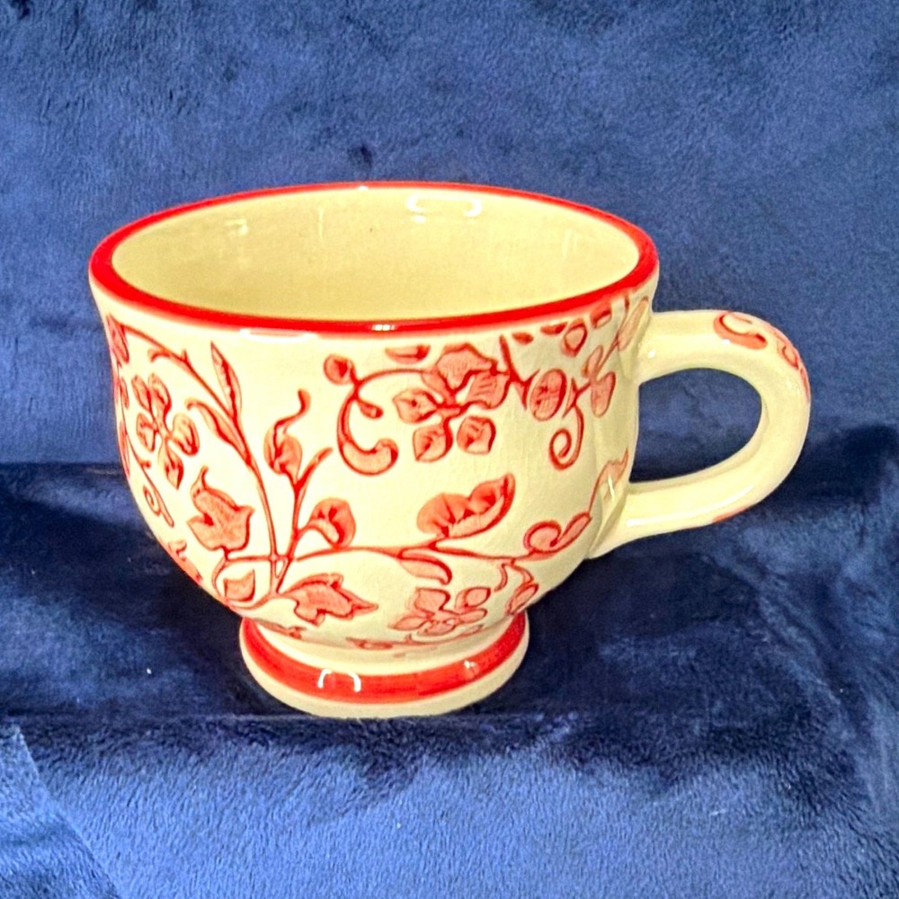 Sur La Table Red White Floral Handcrafted Stoneware Teacup Coffee Mug 12 oz